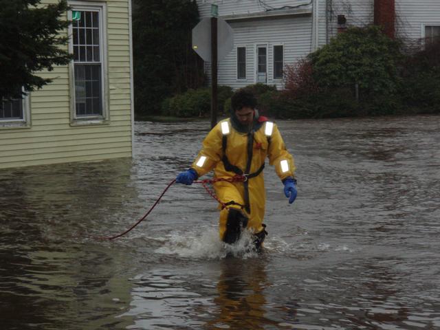 FF Glen Stevens after looking for a person trapped in a car in the flood waters. Picture is on High Street looking south on Laurel Street. 3/30/10