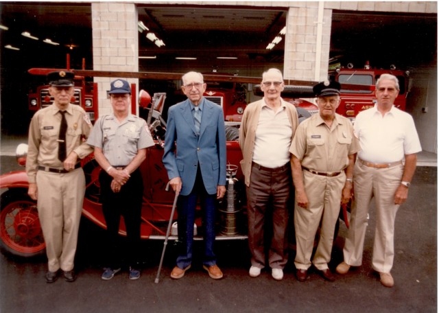 Life members 1986. L-R Grant Perrin, Ben Bliven, Ira Murphy, Len Wheeler, Waldo &quot;Fliv&quot; Merritt, G. Byron Champlin, Jr.  All except Byron Champlin are now deceased.